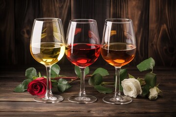  three wine glasses with different wines in them on a wooden table with a rose and two other wine glasses with white and red wine in them.  generative ai
