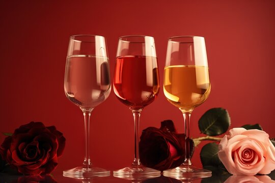  three glasses of wine and a rose on a red background with a red background and a red rose in the foreground with a few glasses of wine.  generative ai