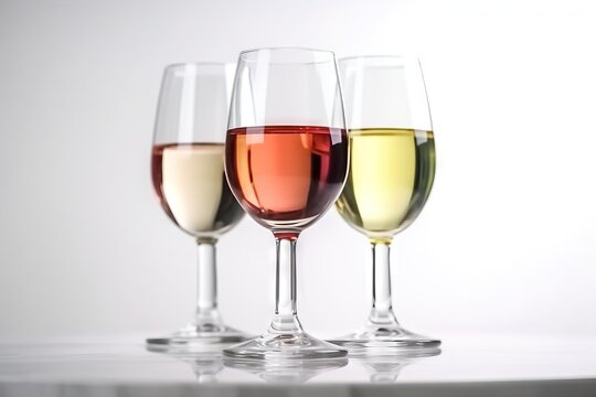  three glasses of different colored wine are lined up in a row on a white table top, with a white wall in the back ground.  generative ai
