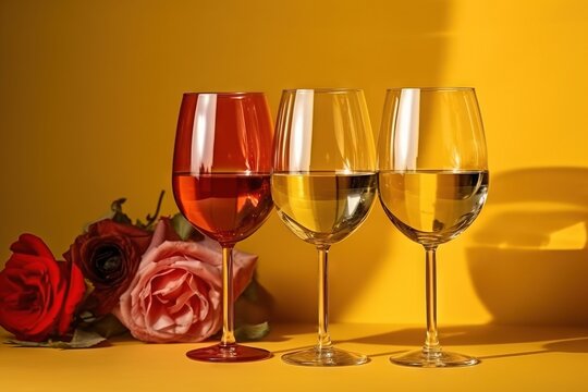  three glasses of wine sitting next to each other on a yellow surface with a rose in the foreground and a vase with a flower in the background.  generative ai