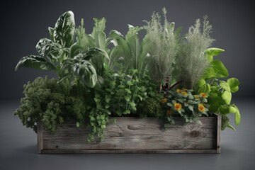  a wooden planter filled with lots of green plants and plants growing out of the top of it's wooden box on a gray surface.  generative ai