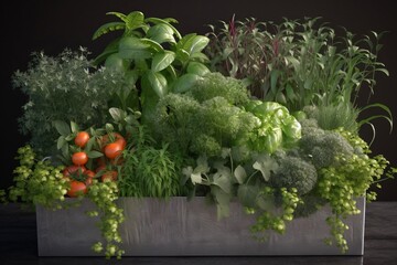  a metal planter filled with lots of different types of vegetables and plants next to a black wall with a black background and a black background.  generative ai