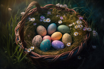 Fototapeta na wymiar Easter eggs in wicker basket in grass with flowers. Colorful decorated easter eggs in wicker basket. Traditional egg hunt for spring holidays. Morning magical light. -