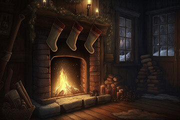 Fireplace in the old house Generative AI