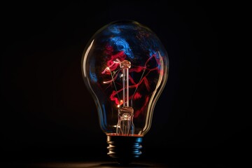  a light bulb with a red and blue swirl inside of it on a black background with a red and blue swirl inside of the light bulb.  generative ai