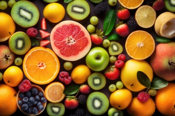 Naklejka na ściany i meble Fresh fruits background. Juicy fruits variety natural nutrition. Generated AI