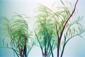  a close up of a plant with long green stems and red stems in a glass vase on a blue background with a blurry sky in the background.  generative ai