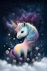 Naklejka na ściany i meble Unicorn watercolor art (AI generative)