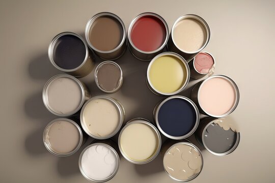  a group of paint cans with different colors of paint in them on a white surface with a shadow on the wall behind them and a shadow on the wall.  generative ai