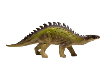 Plastic dinosaur toy with spikes on its back isolated on white background.