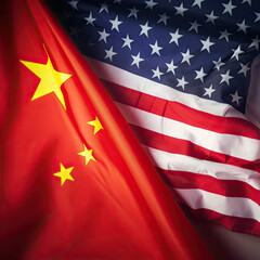 Close up of United States of America flag covered by China flag.  Generative AI.