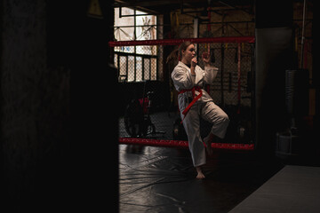Fototapeta na wymiar A girl practices karate in a gym A woman in kimono practices movements and poses Martial arts