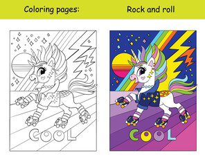 Cool unicorn rolls on roller skates coloring book vector