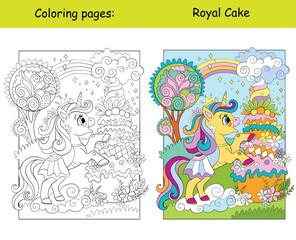 Cute little unicorn and huge cake coloring book vector