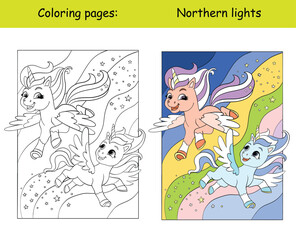 Cute little unicorns flying in the night sky coloring book vector