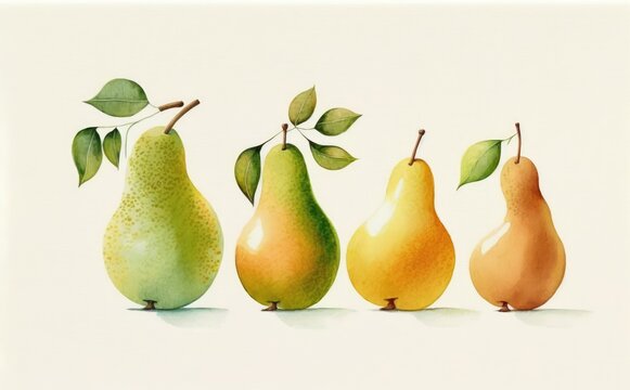 drawn pears on white background watercolor fruit organic food illustrations Generative AI