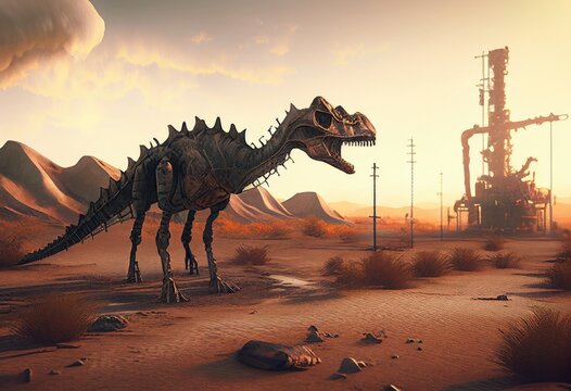 Skeleton dinosaur in the desert near the oil plant. Apocalyptic view. (generative ai)