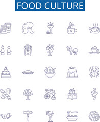 Food culture line icons signs set. Design collection of Cuisine, Gourmet, Gastronomy, Dishware, Recipes, Etiquette, Banquet, Dietary outline concept vector illustrations
