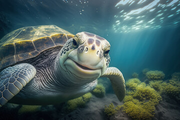 Fototapeta premium Close up of a sea turtle underwater. Endangered wildlife and ocean ecosystem concept. Generative AI