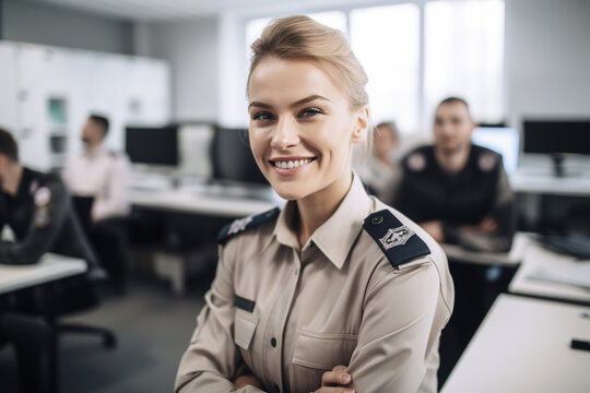 Beautiful caucasian female cop smiles in her white uniform while doing her job enforcing the law among people in an office. Generative AI.