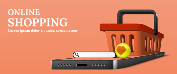 Shopping basket on smartphone with search bar. Online shopping concept 3d vector.