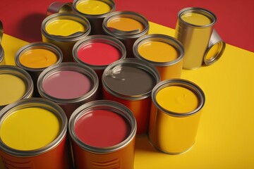  a bunch of cans of paint sitting on top of a yellow and red tablecloth with a red and yellow stripe in the middle of the picture.  generative ai