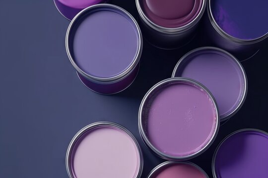  a group of purple paint cans sitting on top of a table next to each other on a black surface with a white border around them.  generative ai