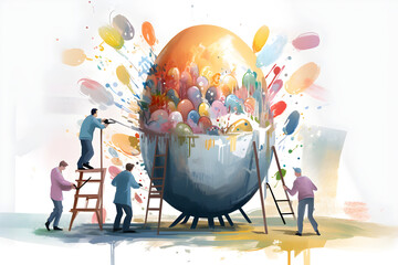 Sketch of an Easter egg being painted by people, Generative AI