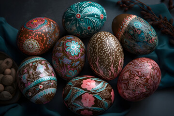 Fototapeta na wymiar Easter eggs decorated with colorful designs in traditional way, Generative AI