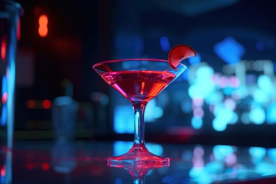  a red drink in a martini glass with a slice of orange on the edge of the glass and a blue background behind the glass is blurry.  generative ai