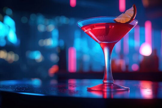 a red drink with a slice of lemon on the rim of it sitting on a table in a bar with neon lights in the background.  generative ai