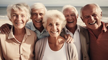Group of smiling seniors at the beach looking at the camera. Generative AI