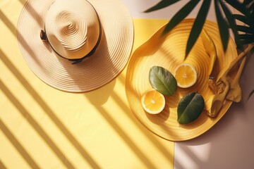  a yellow plate with lemon slices and a straw hat on it next to a yellow wall and a palm leaf on the side of the plate.  generative ai