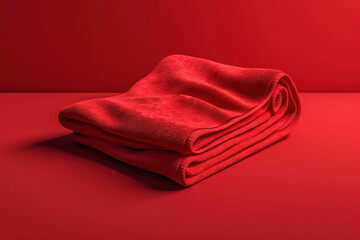 a stack of red towels sitting on top of a red tablecloth covered in a white circle logo on a red surface with a red background.  generative ai