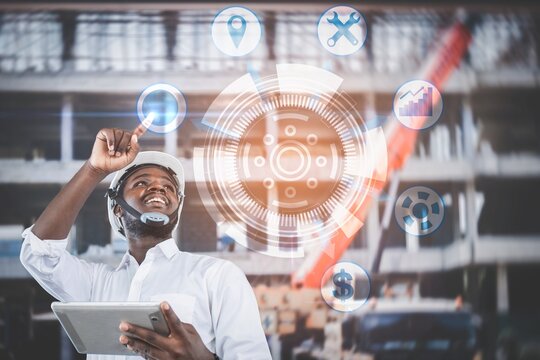 African architects engineer man with tablet work together in the inside the construction building site.Engineering concepts and technological applications.