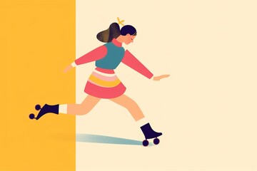 Fototapeta na wymiar a colorful minimalist illustration of a girl rollerskating, inline skating. generative ai
