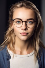 Fototapeta premium Attractive Young woman using eyeglasses wearing casual clothes looking at the camera. Generative AI 