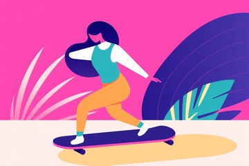 Fototapeta na wymiar a colorful minimalist illustration of a girl riding a skateboard or longboard. generative ai