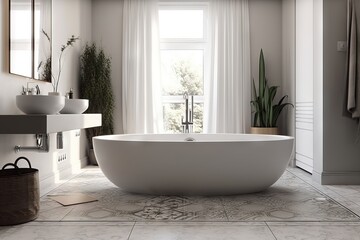  a large white bath tub sitting in a bathroom next to a sink and a window with a potted plant on it's side.  generative ai