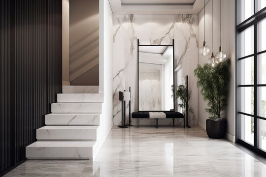  a hallway with a marble floor and a staircase leading up to the second floor of a house with a large mirror on the wall and a potted plant in the corner.  generative ai