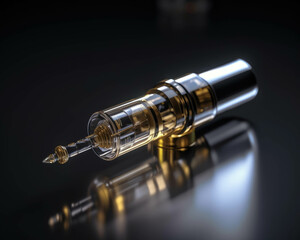A closeup of a syringe filled with a metallic liquid highlighting the potential of AI to ist in vaccination and drug delivery. . AI generation.