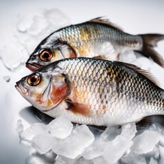 Fototapeta premium Fresh sea fish with orange-red eyes on crushed ice, premium raw seafood photography isolated on reflective white for gourmet restaurant menus and healthy diet marketing.