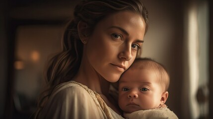 Tender moment between mother and newborn baby in soft natural light