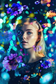 Dreaming in Color: A Surreal Portrait of a Woman in vivid surroundings