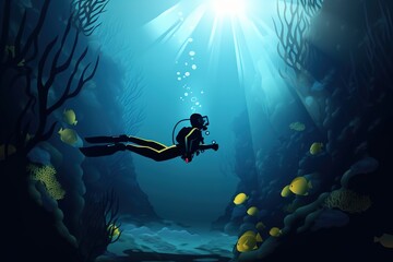 a scuba diver diving and exploring a colorful coral reef. generative ai