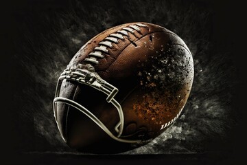 American Football ball with helmet net on football field, generative ai, created with generative ai