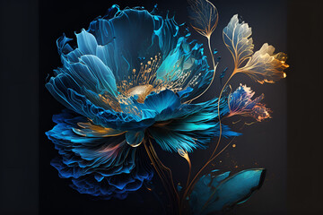 a wallpaper botanical flowers bioluminescence style, navy blue background