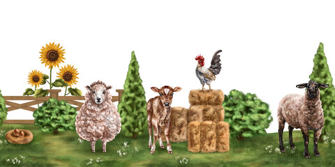 Seamless banner with rural landscape and farm animals. For packaging design, postcards, textiles, posters, stickers