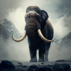 Mammoth in the snow. Generative AI.