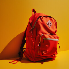 Red backpack on yellow background. Generative AI.